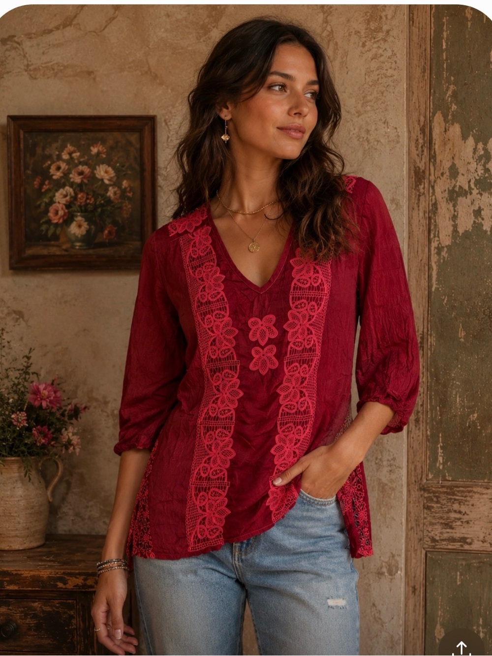 Johnny Was Boho Embroidered Peasant Blouse Hippie Crochet Lace Tunic Top